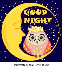 Good night card with sleeping moon and cute owl. Vector illustration