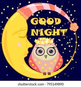 Good night card with sleeping moon and cute owl. Vector illustration