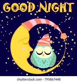 Good night card with sleeping moon and cute owl. Vector illustration