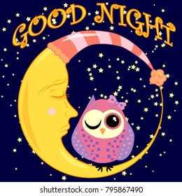 Good night card with sleeping moon and cute owl. Vector illustration