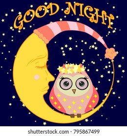 Good night card with sleeping moon and cute owl. Vector illustration