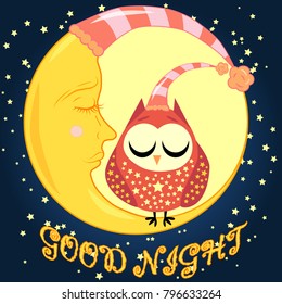 Good night card with sleeping moon and cute owl. Vector illustration