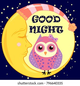 Good night card with sleeping moon and cute owl. Vector illustration