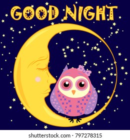 Good night card with sleeping moon and cute owl. Vector illustration
