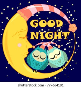 Good night card with sleeping moon and cute owl. Vector illustration