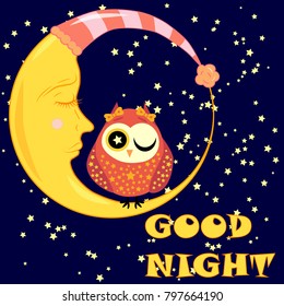 Good night card with sleeping moon and cute owl. Vector illustration
