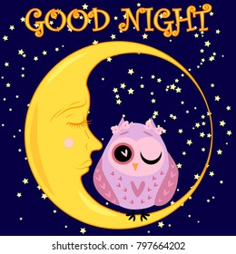 Good night card with sleeping moon and cute owl. Vector illustration