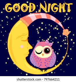 Good night card with sleeping moon and cute owl. Vector illustration