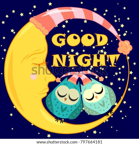 Good night card with sleeping moon and cute owl. Vector illustration
