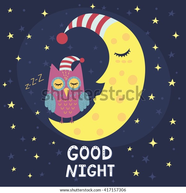 眠る月とかわいいフクロウのおやすみカード ベクターイラスト のベクター画像素材 ロイヤリティフリー