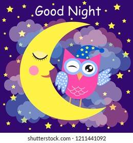 Good night card with a sleeping owl, moon and a clouds. Vector illustration.