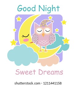 Good night card with a sleeping owl, moon and a clouds. Vector illustration.