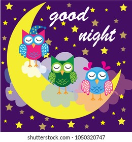 Good night card with a sleeping owls and a clouds. Vector illustration