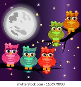 Good night card with a sleeping owls and a clouds. Vector illustration