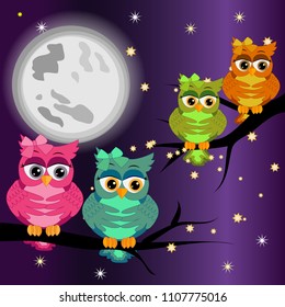 Good night card with a sleeping owls and a clouds. Vector illustration