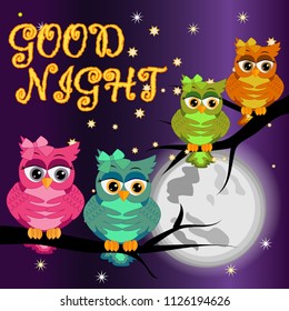 Good night card with a sleeping owls and a clouds. Vector illustration