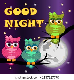 Good night card with a sleeping owls and a clouds. Vector illustration