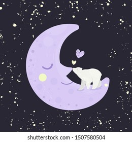 Good night card with sleeping smiling bear and moon. Vector illustration