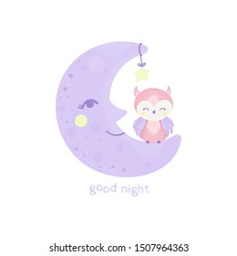 Good night card with sleeping smiling moon and cute owl. Vector illustration