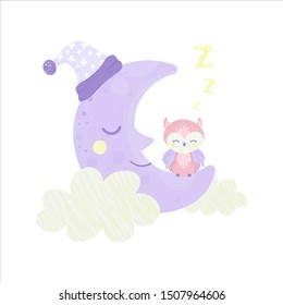 Good night card with sleeping smiling moon and cute owl. Vector illustration
