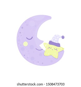 Good night card with sleeping smiling moon and star. Vector illustration