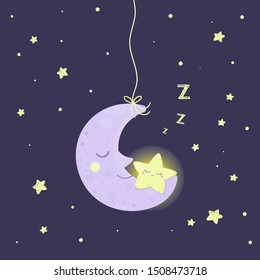 Good night card with sleeping smiling moon and star. Vector illustration