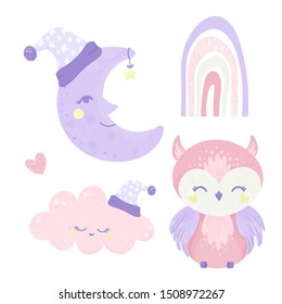 Good night card with sleeping smiling moon, cloud, owl, rainbow. Vector illustration