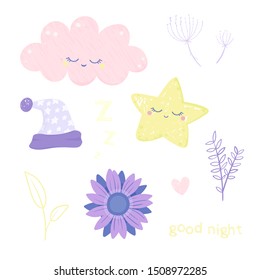 Good night card with sleeping smiling cloud, star. Vector illustration