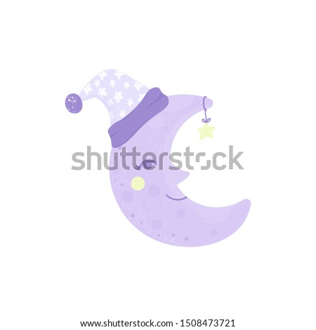 Good night card with sleeping smiling moon. Vector illustration