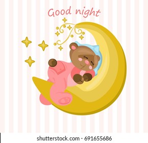 Good night card with teddy bear sleeping on the moon Vector illustration