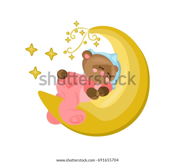 Good night card with teddy bear sleeping on the moon Vector illustrations