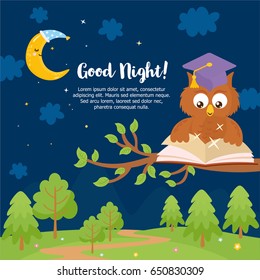 "Good Night" card template. Magic illustration with moon, owl and night landscape. Poster for baby room or bedroom. Childish greeting card. Hand drawn letters.