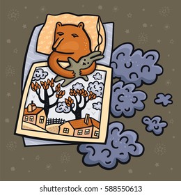Good night card. Vector illustration with sleepy bear embracing a toy rabbit under a fairy blanket. Cute postcard for friends and loved sleepyheads