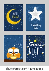 Good Night cards with golden crescent moon, twinkling star, cute sleeping owl, Creative hand-drawn cards set with doodle elements and different typographic collection.