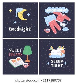 Good Night Cards Or Posters Collection With Bedtime Items, Hand Drawn Flat Vector Illustration. Sweet Dream And Good Night Banner Or Sticker Templates.