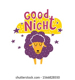 Good night. Caricature sheep with lettering, stars, cloud. Colorful flat vector illustration. Hand drawing for children. baby design for cards, print