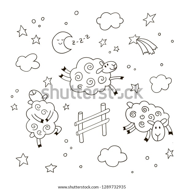 Good night cartoon background for kids. Hand drawn doodle cute sheep