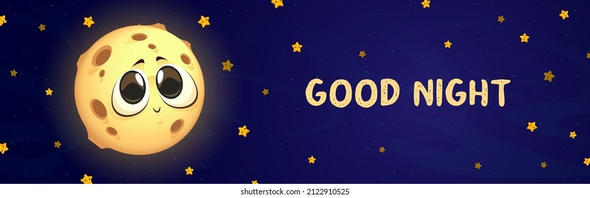 Good night cartoon banner with cute moon and glowing yellow stars on blue sky. Wishes for sweet dreams with kawaii Luna personage with big eyes and craters, bed time background, Vector illustration