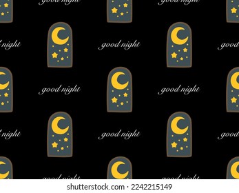 Good night cartoon character seamless pattern on black background