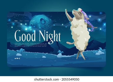 Good night cartoon landing page, lamb wear sleeping hat dancing on meadow under starry sky with full moon. Cute funny sheep character dream, nighttime dream scenery background, Vector web banner