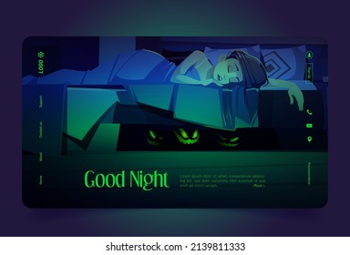 Good night cartoon landing page, young woman sleeping with monsters hiding under the bed, nightmare. Girl sleep in dark room with creepy glowing faces, Halloween scene, Cartoon vector web banner