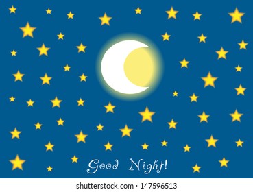 good night, cartoon vector background with moon and stars