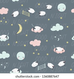 Good night. Childish seamless pattern with sheeps and clouds. Vector illustration. Use for textile, print, surface design, fashion kids wear