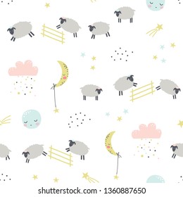 Good night. Childish seamless pattern with sheeps. Vector illustration. Use for textile, print, surface design, fashion kids wear
