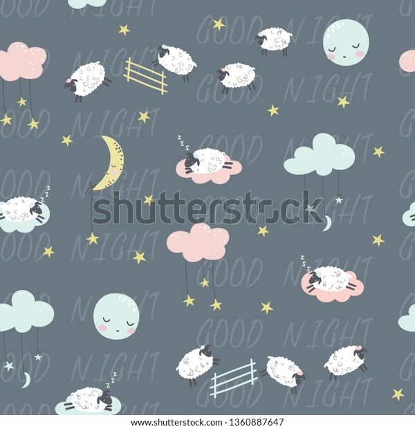 Good night. Childish seamless pattern with sheeps\
and clouds. Vector illustration. Use for textile, print, surface\
design, fashion kids wear