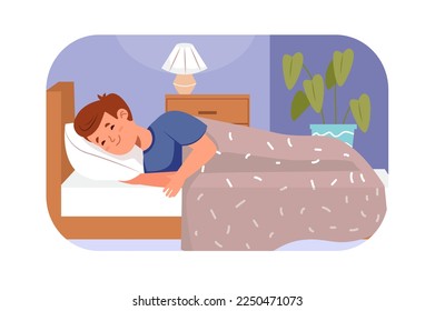 Concepto de niños de buenas noches con escenas de personas de diseño plano. Un adolescente lindo yace en una cama acogedora bajo una manta cálida y se queda dormido en el dormitorio. Ilustración de vector con situación de caracteres para web