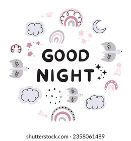 good night, children's pattern with rainbows, starry sky, weather icons set, abstract pattern with doodle elements, hand drawn doodles set, clouds, rainbow, bird, sun, moon, rain, stars