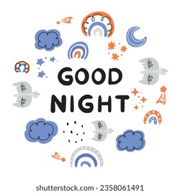 good night, children's pattern with rainbows, starry sky, weather icons set, abstract pattern with doodle elements, hand drawn doodles set, clouds, rainbow, bird, sun, moon, rain, stars