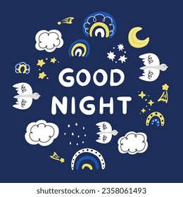 good night, children's pattern with rainbows, starry sky, weather icons set, abstract pattern with doodle elements, hand drawn doodles set, clouds, rainbow, bird, sun, moon, rain, stars