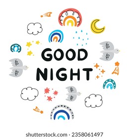good night, children's pattern with rainbows, starry sky, weather icons set, abstract pattern with doodle elements, hand drawn doodles set, clouds, rainbow, bird, sun, moon, rain, stars